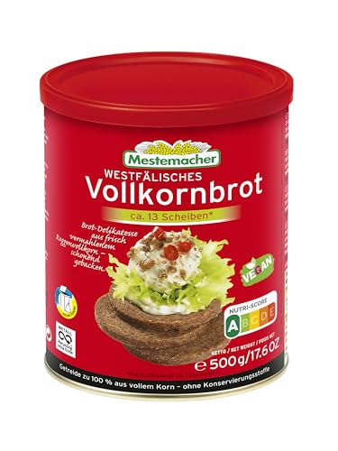 Mestemacher Westfälisches Vollkornbrot ohne Kruste in der Dose extra lange haltbar perfekt für Vorrat Single Haushalt und Camping vegan Nutri Score A nur 4 Zutaten 13 Scheiben 500g