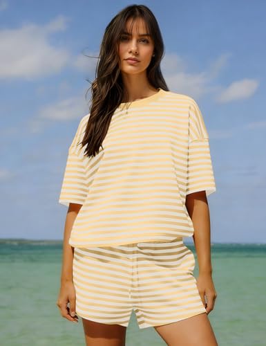 Image of Ythomm Striped Pajamas Shorts Sets Women 2 Piece Lounge Outfits Short Sleeve Tees Drawstring Shorts Summer Matching Pj Sets