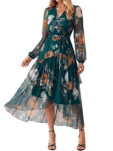 Simplee Women's Floral Long Sleeve Mesh Maxi Dress Fall V Neck Wrap High Low Swing Flowy Wedding Guest Dress Dark Green L