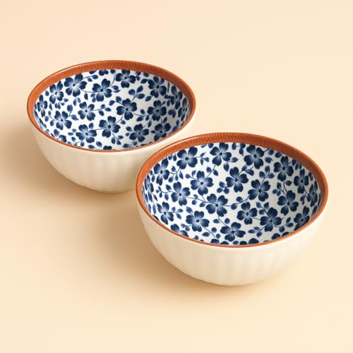 Image of YELONA Ceramic Bowls Set of 2 | 300ml Japanese Floral Rice & Snack Bowls | Blue Blossoms Design | Microwave & Dishwasher Safe | 11.5 cm | Lead-Free Porcelain