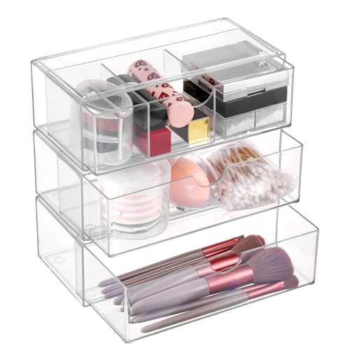 Hejo 3 Pcs Cosmetics Organiser with Drawer, Transparent Acrylic Makeup Organisers Storage, Stackable Skincare Organiser, Simplicité Dressing Table Organisers for Bedroom, Bathroom, Vanity