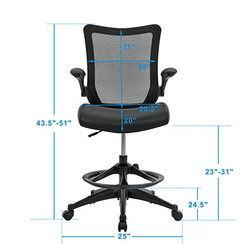 Image of OfficeFactor Drafting Chair Tall Office Chair, 300 lb Capacity Standing Desk Chair, Adjustable & Ergonomic Desk Chair, Flip-Up Armrests, Mesh Back, Comfortable Leather (Black)