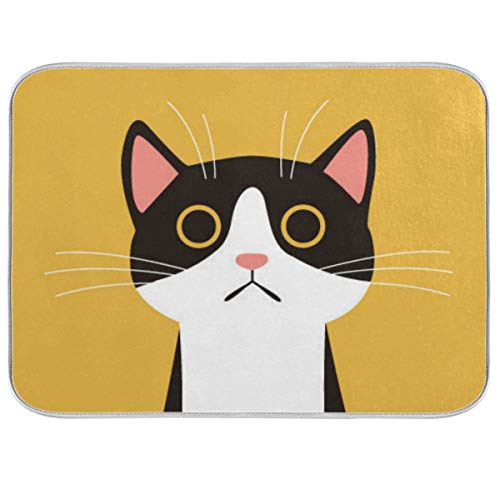 Black Cat Dish Drying Mat for Kitchen, 16x18 Microfiber Mat Absorbent Reversible