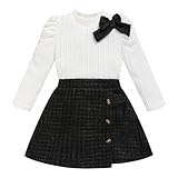 Toddler Girl Plaid Outfits Fall Winter Dress Knit Ribbed Bow Sweatshirt Tops and Button Fashion Skirts Set（White+Black,2T