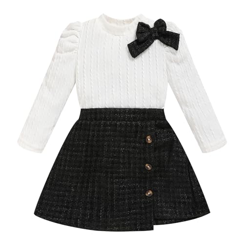 Toddler Girl Plaid Outfits Fall Winter Dress Knit Ribbed Bow Sweatshirt Tops and Button Fashion Skirts Set（White+Black,3T