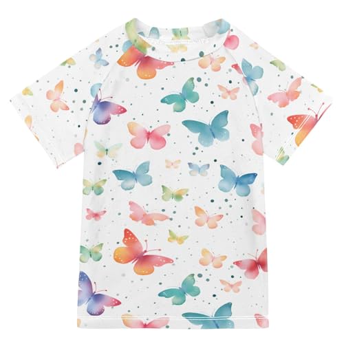ALAZA Boys Swim Shirt Short Sleeve Rash Guard for Boys Girls UPF 50+ Butterfly Watercolor White 9-10T