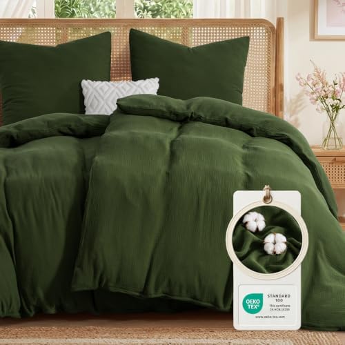Aisbo Musselin Bettwäsche 135x200 4teilig Olivgrün 100% Baumwolle Oeko-TEX® | 2 Bettbezüge 135x200 cm & 2 Kissenbezüge 80x80 cm mit Reißverschluss, Weich, Atmungsaktiv, Leichte Som