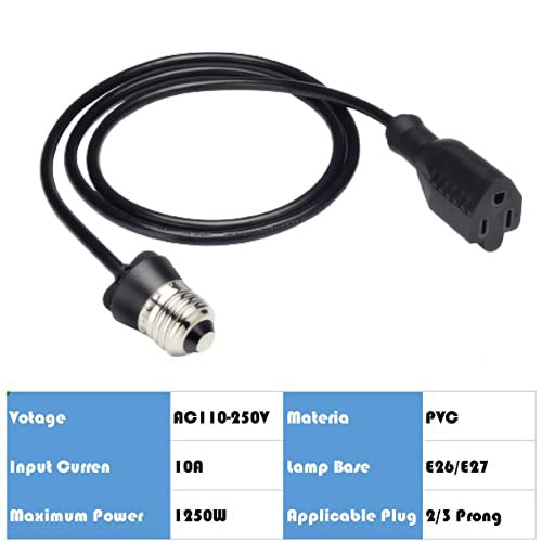 3 Outlet 1250W Light Socket Adapter Extension Cord 39.37", Convert E26/E27 Light Socket To Plug Adapter 3 Prong Outlet,Plug In Light Socket Outlet Adapter For Outdoor Indoor (1) #TOP23