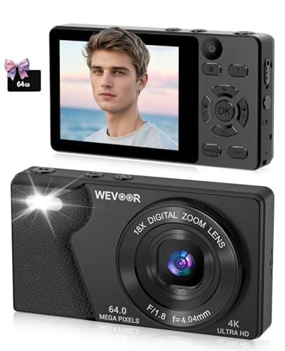 Wevoor 4K Digital Camera 64MP Autofocus Compact Camera 64GB for Travel Party with Dual-Lens, 18X Digital Zoom, 2000mAh Battery, 2.8 Screen Portable Small Photo Camera for Adults Beginner Teen, Black