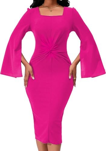 Hot Pink Dresses for Women Party Night Elegant Bodycon Square Neck Long Cloak Sleeve Twist Waist Knee Length Split Dresses with Zipper (Medium)