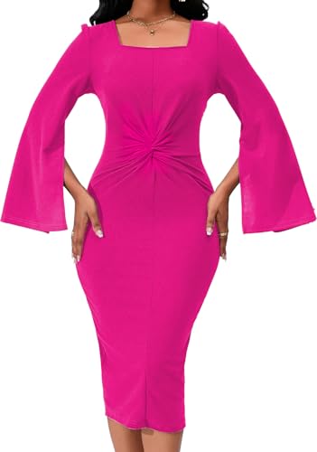 Image of Dresses for Women Elegant Long Sleeves Ruffles Pencil Knee Length Split Business Dress with Belt Zipper