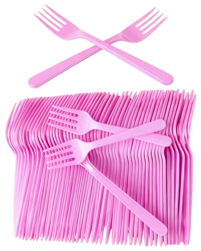 BNREOZA 100 Stück wiederverwendbares Besteck Gabeln, Party-Besteck, Picknick, Geburtstagsbesteck，Rosa