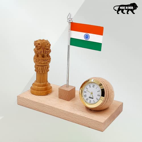 Image of WOOD HOUSE Flag Stand for Office Table, Wooden Flag Stand with Ashoka Pillar & Clock, Wooden Flag Stand with Clock for Office Table Stylish (WH-55)