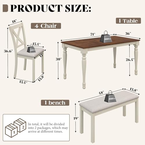 LUXOAK 6-Piece Solid Wood Dining Table Set, 71\" Farmhouse Kitchen Table with 4 Upholstered Chairs and Bench, Large Dining Room & Kitchen Furniture Set, Cream White