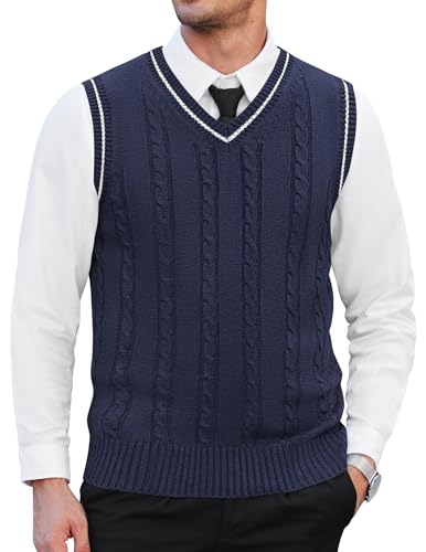 COOFANDY Men's Slim Fit V-Neck Sweater Vest Pullover Casual Sleeveless Twisted Knitted Sweater, Navy Blue, Small