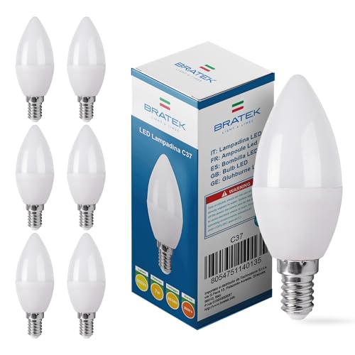 Bratek Lampadine LED E14 7W 654lm, Luce Fredda 6500K, Forma Oliva Candela, Alta Luminosità, Risparmio Energetico, Durata 25000 Ore – Confezione da 6 Pezzi