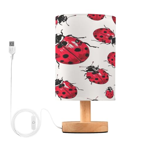 SDMKA Lady Bug Pattern Bedside Table Lamp for Bedroom, Minimalist Nightstand Lamp with Round Fabric Shade for Living Room, Office, No Bulb Required