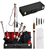 Highland Redstone Scottish Bagpipe – Full Size Cocuswood Bagpipe in Rosewood Finish with Silver Plain Mounts & Free Tutor Book in Various Tartans (Black Watch Tartan)