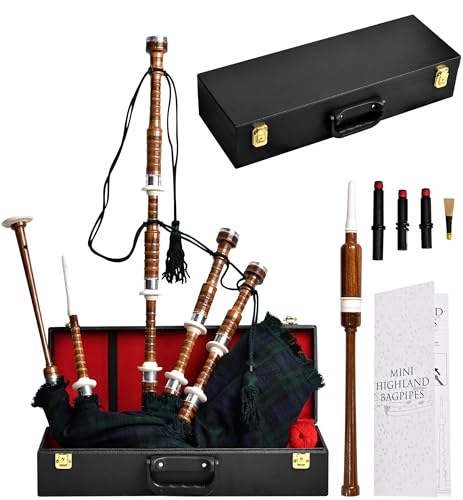 Highland Redstone Scottish Bagpipe – Full Size Cocuswood Bagpipe in Rosewood Finish with Silver Plain Mounts & Free Tutor Book in Various Tartans (Black Watch Tartan)