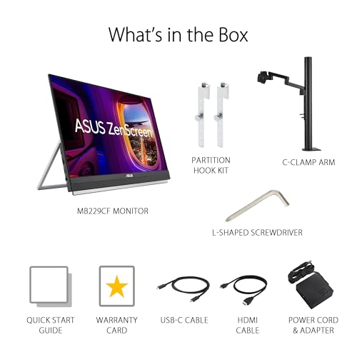 ASUS ZenScreen 22” (21.5 viewable) 1080P Portable Monitor (MB229CF) – Full HD, IPS, 100Hz, USB-C PD 60W, Speakers, Carrying Handle, Kickstand, C-clamp Arm, Partition Hook, Subwoofer, 3 yr Warranty by Asus - Image 7
