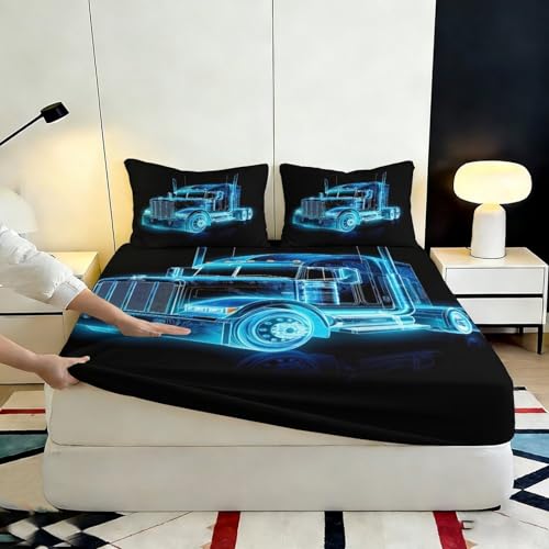 Drap-Housse 90x200 Camion Bleu Protection Matelas Microfibre Imprimée 3D - 7