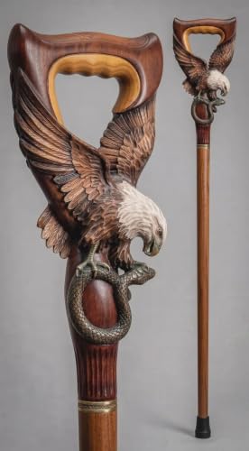 Hand-Carved Eagle Snake Wooden Cane, Vintage Rustic Walking Stick, Glossy Polished Wood Three Fold Style Gift