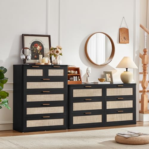 Image of LEYAOYAO Rattan Dresser for Bedroom Set of 2, 42 inch Tall Chest of Drawers, Modern 6 Drawers Boho Dressers with Storage, Light Oak Dresser Wooden Closet Organizer for Living Room, Hallway, Black