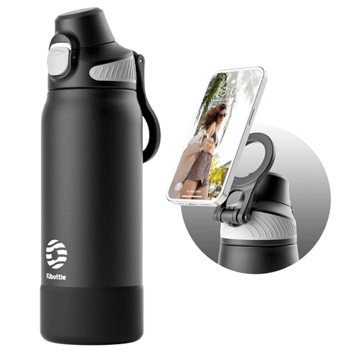 FJbottle Insulated Water Bottle with Magnetic Phone Holder MagSafe Compatible Stainless Steel Leak Proof Sports Flask Tripod Function for Gym Workout 32 Oz Black