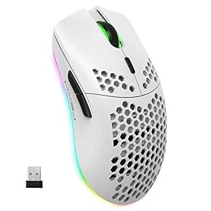 Draadloze Gamingmuis, 2,4G Lichtgewicht Honingraatschaal Ergonomische RGB-Muizen met 750mAh Oplaadbare Batterij, Energiebesparing, 6 Knoppen en Mini-USB-Ontvanger voor Windows, Mac OS, Laptop, Smart TV(Wit)