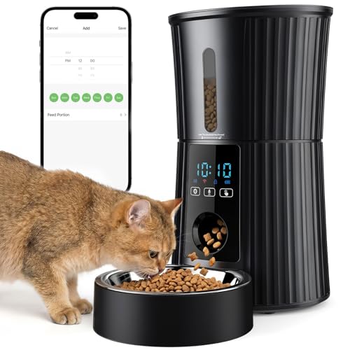 NEWBULIG Automatic Cat Feeder, 4L Timed Pet Feeders with 10s Voice Recorder, Dog Food Dispenser with APP Control, Dry Food, 10 Meals, Programmable 50 Portions, Dual Power Supply, Desiccant Bag, Black by NEWBULIG - Used condition - US$32.55