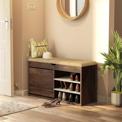 Image of Studio Kook Pixie Shoe Cabinet, Engineered Wood, 14 Pairs Capacity, Cushioned Top, Matte Finish (Junglewood)