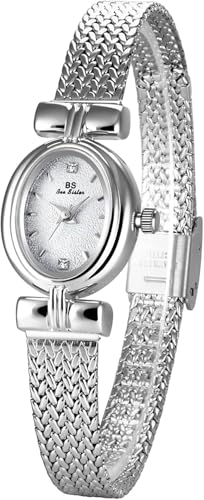 ALANTOP Montre Bracelet Femme Argentée à Quartz, Petit Cadran Ovale, Bracelet Maille Ajustable en Acier Inoxydable, Outil de Réglage Inclus