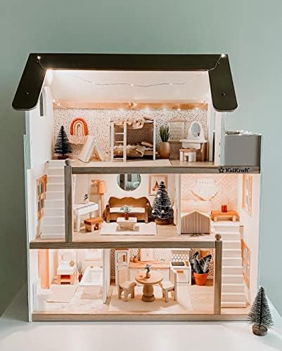 KidKraft 65054 Chelsea Cottage Wooden Dolls House with Furniture and Accessories Included, 3 Storey Play Set for 12 cm Dolls - Amazon Exclusive