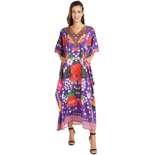 Image of Miss Lavish London Purple Floral Kaftan Dress for Women V Neck Batwing Sleeve Maxi Beach Cover Up, Ethnic Rose Print Plus Size Caftan with Side Slits & Pockets, Resort Wear Swimsuit Coverup-Purple-L