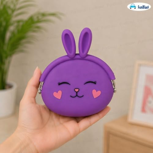 Image of FunBlast Cute Bunny Shape Silicone Coin Purse for Kids & Adults - Mini Pouch for Coins, Earphones, Keys & Small Essentials, Aesthetic Pouches for Girls & Women - 12 X 9.5 X 3 Cm (Bunny-Purple)