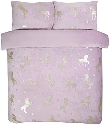 Sleepdown Foil Fleece Flannel Unicorn Blush Stars Reversible Soft Duvet Cover Quilt Bedding Set With Pillowcases - Double (200cm x 200cm)