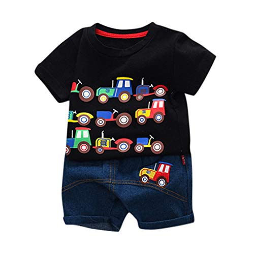 Toddler Baby Clothes Boys Short Sleeve Cartoon Car Print T Shirt Tops+Denim Shorts Cotton Summer Outfits (6-12 Months, Black)