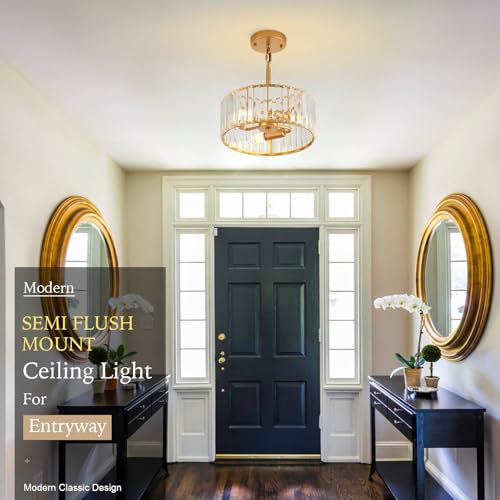 gqwemztb Modern Crystal Gold Chandelier for Dining Room,11.7 inch Semi Flush Mount Ceiling Dining Room Light Fixture with E12 Base*3,Round Pendant Lighting for Bedroom Hallway Bathroom Foyer Kitchen — view 5
