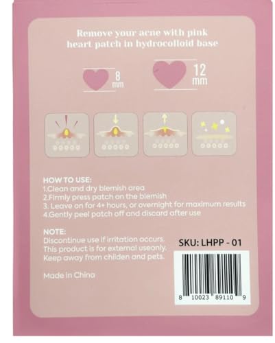 Pink Heart Hydrocolloid Acne Patches, 18 Count, 8mm and 12mm Sizes, Overnight Treatment