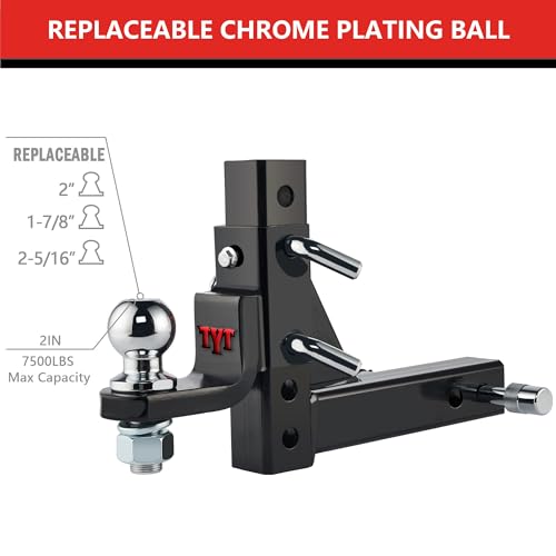 TYT Adjustable Trailer Hitch Ball Mount, 2\" Towing Ball 7500 LBS, 9-1/2\" Drop and 8-1/4\" Rise, Fits 2-in Receiver with 2 Pin&Clips and 5/8\" Premium Pin Lock for Heavy Duty Truck