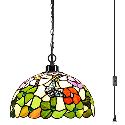 Zjart Tiffany Style Plug In Pendant Light 12 Inch Green Butterfly Style Stained Glass Hanging Lamp Chandelier Swag 15 Feet Cord Adjustable With Switch, Decor Kitchen Island Living Dining Room #TOP7