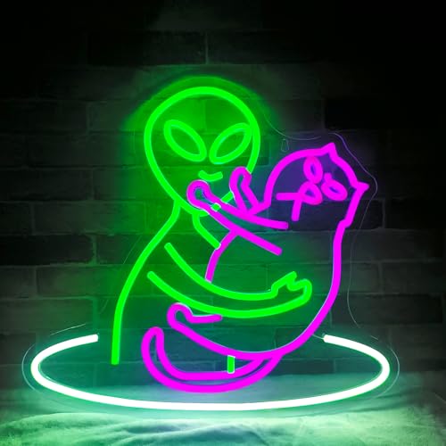 Image of Alien Cat Neon Sign,Funny Green Aliens Purple Cute Cat LED Light Sign Wall Decor For Game Room Bedroom Party Man Cave Club,Birthday Gifts For Women,Men,Boys,Girls(Alien Cat)