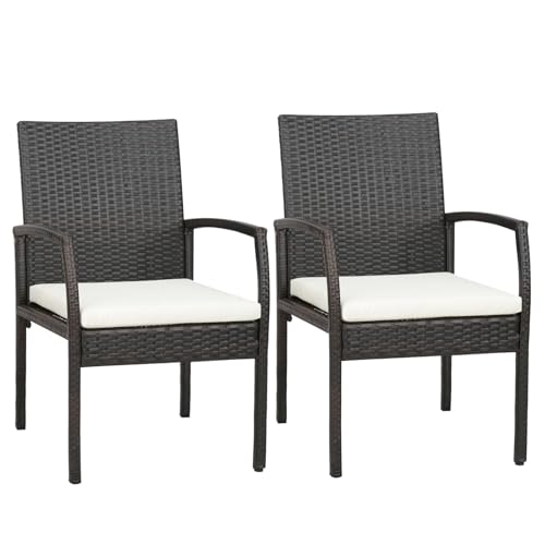 LIFEZEAL Juego de 2 Sillas de Mimbre para Exterior, Sillas de Ratán con Reposabrazos de Madera de Acacia, Carga 180 kg, Sillón de Comedor para Jardín, Terraza, Balcón (Estilo 3)
