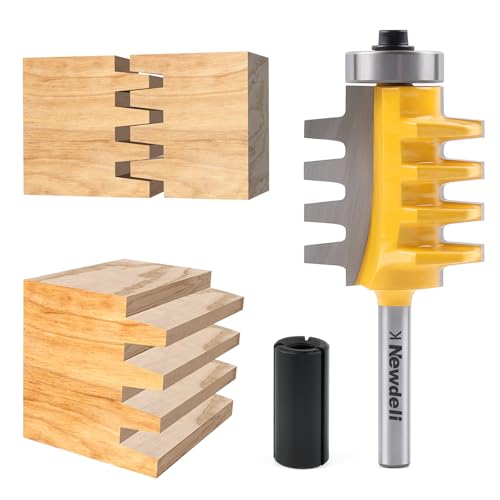 Newdeli Finger Joint Router Bit Set with 1/2" to 1/4" Router Collet, 1/4" Shank Bearing Reversible Carbide Joinery Glue Joint Cutter
