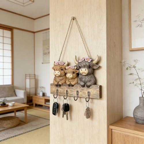 3D Highland Cow Key Holder Wall Mount, Rustic Farmhouse Key Hooks with 4 Metal Hooks, Decorative Resin Highland Cow Figurine Hanging Organizer Home Decor for Entryway Office Hallway and Living Room by Ailefentene - Used condition - Image 6