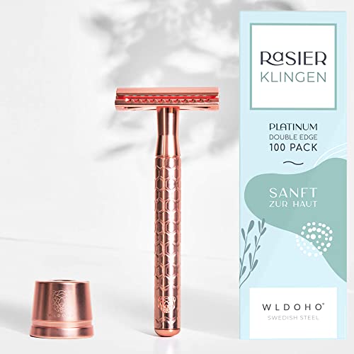 Foto von WLDOHO® Rasierhobel Set aus Metall I Rasierset bestehend aus einem Rasierhobel, Rasierständer und 100 Rasierklingen | MINOUK