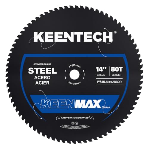 Image of KEENTECH KEENMAX 14" 80T Cermet Mild Steel Saw Blade, Cold, Burr-Free | Fits Evolution S14CPS, S15CPS, S355MCS, S355CPSL, S380CPS & EVOSAW380. 14" 80T cermet carbide, 1" arbor, 1600 RPM.