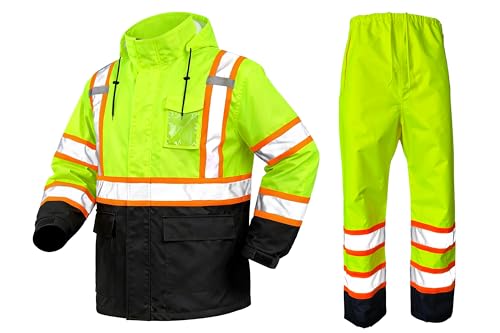Rain Suits for Men Waterproof Reflective High Visibility Rain Gear Mens Heavy Duty, Hi Vis Rain Jacket & Pants with Black Bottom Class 3 ANSI/ISEA Compliant, Yellow Black L/XL