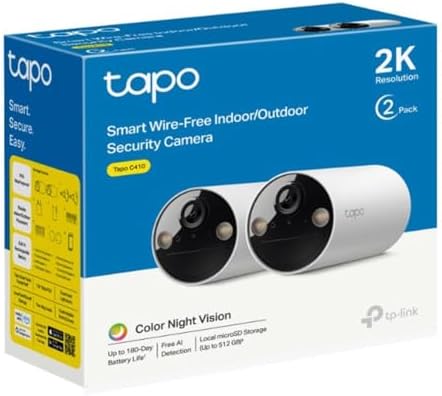 Tapo TP-Link C410(2-Pack), 2K 3MP Colour Night Vision, Rechargeable, Solar Panel, IP65, Local/Cloud Storage, 110° Angled, Illuminated and Sound Alarm, Wireless Battery Security Camera