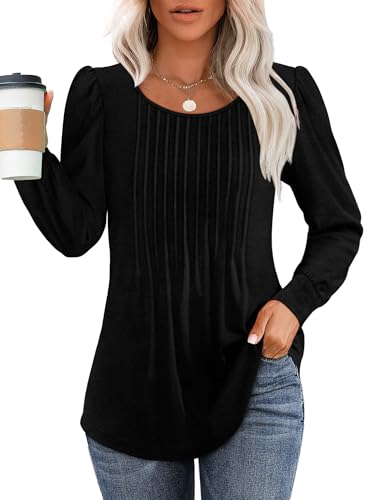OFEEFAN Long Sleeve Shirts for Women Dressy Casual Fall Tops 2025 Black Blouse Tunic Tops to Wear with Leggings Plus Size Winter Clothes M